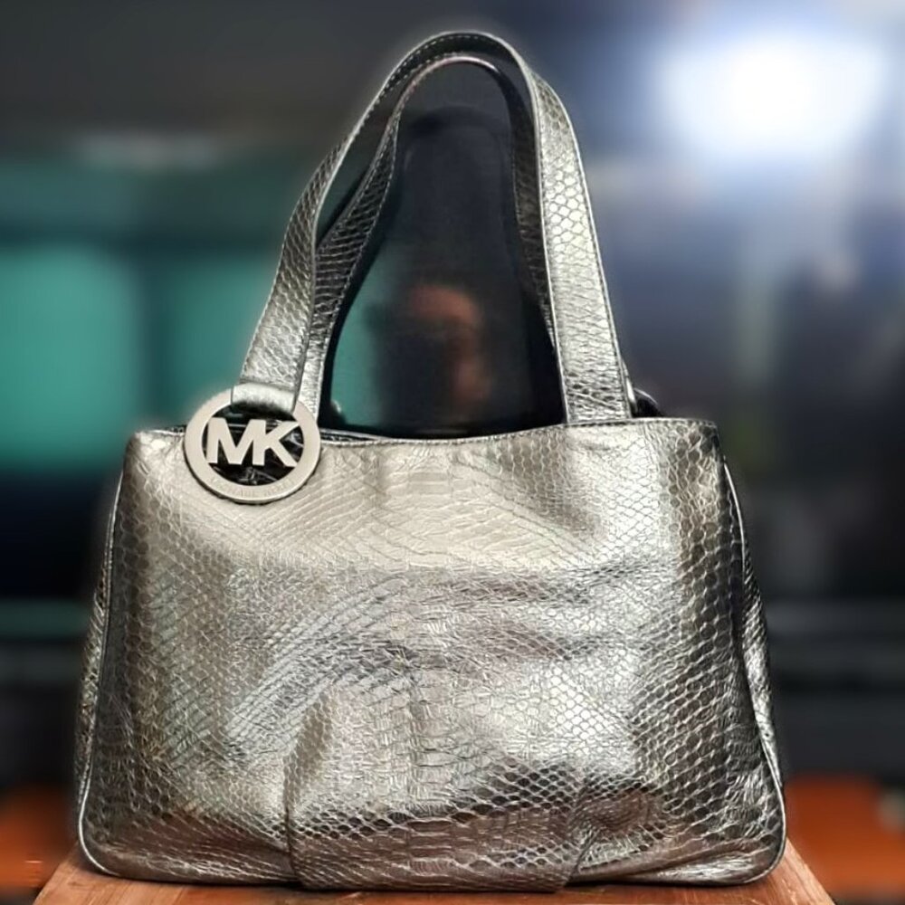 Michael Kors Fulton Python Large Tote Silver Metallic Genuine Leather Like New